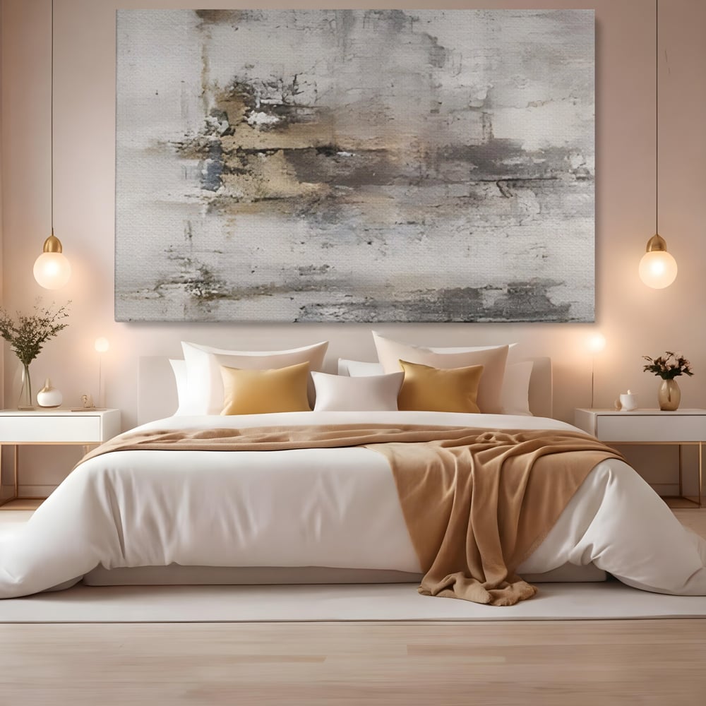 Tablou canvas cu pictura abstracta cu texturi gri si bronz, fara rama, pe sasiu de lemn, pe perete intr-un dormitor